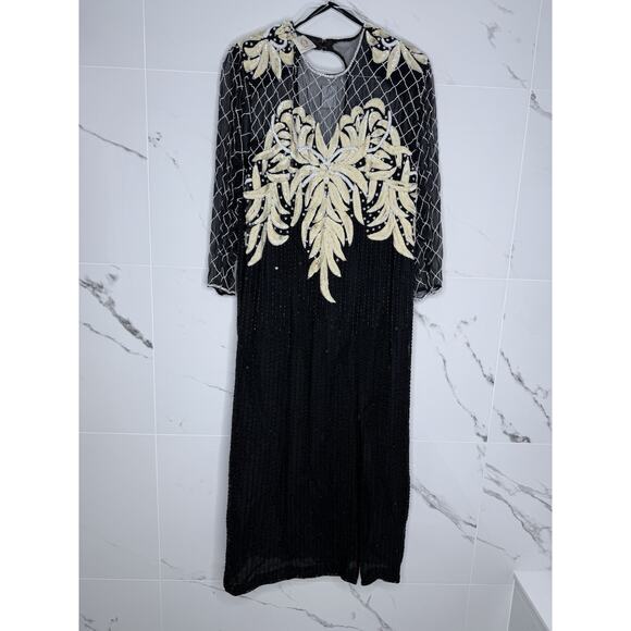 Laurence Kazar Dresses & Skirts - Beaded Silk Laurence Kazar Evening Gown Large VTG Dress Black White Regal Art